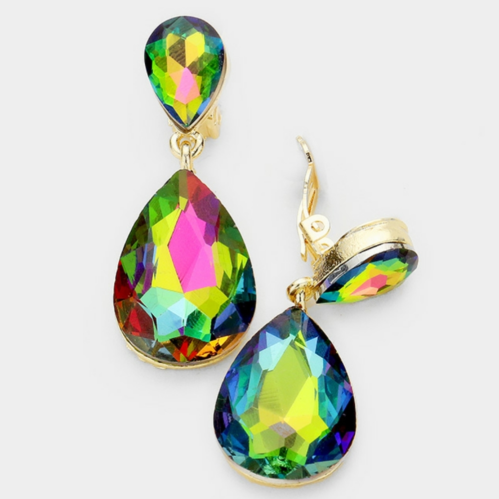 Vitrail Dangle Crystal Clip On Earrings 1.75 Inch Teardrop Statement Jewelry